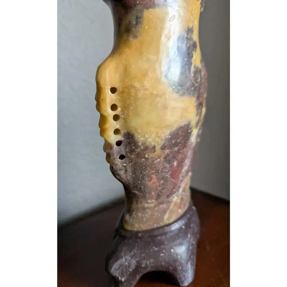 Vtg Chinese Hand Carved Soapstone Vase Pierced Floral Peony Carved Wood Stand 8